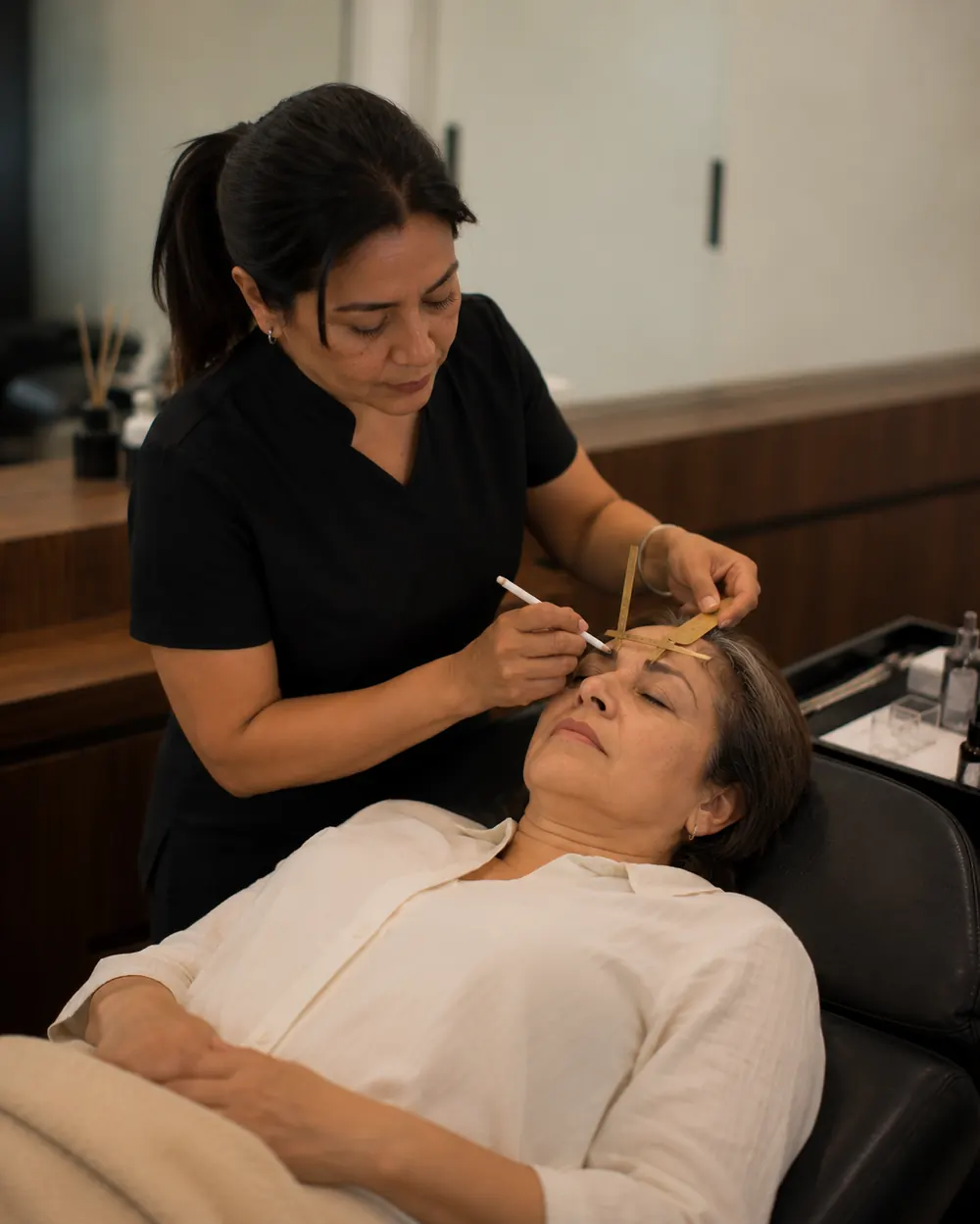Especialista midiendo las proporciones faciales de la clienta para diseñar el microblading.