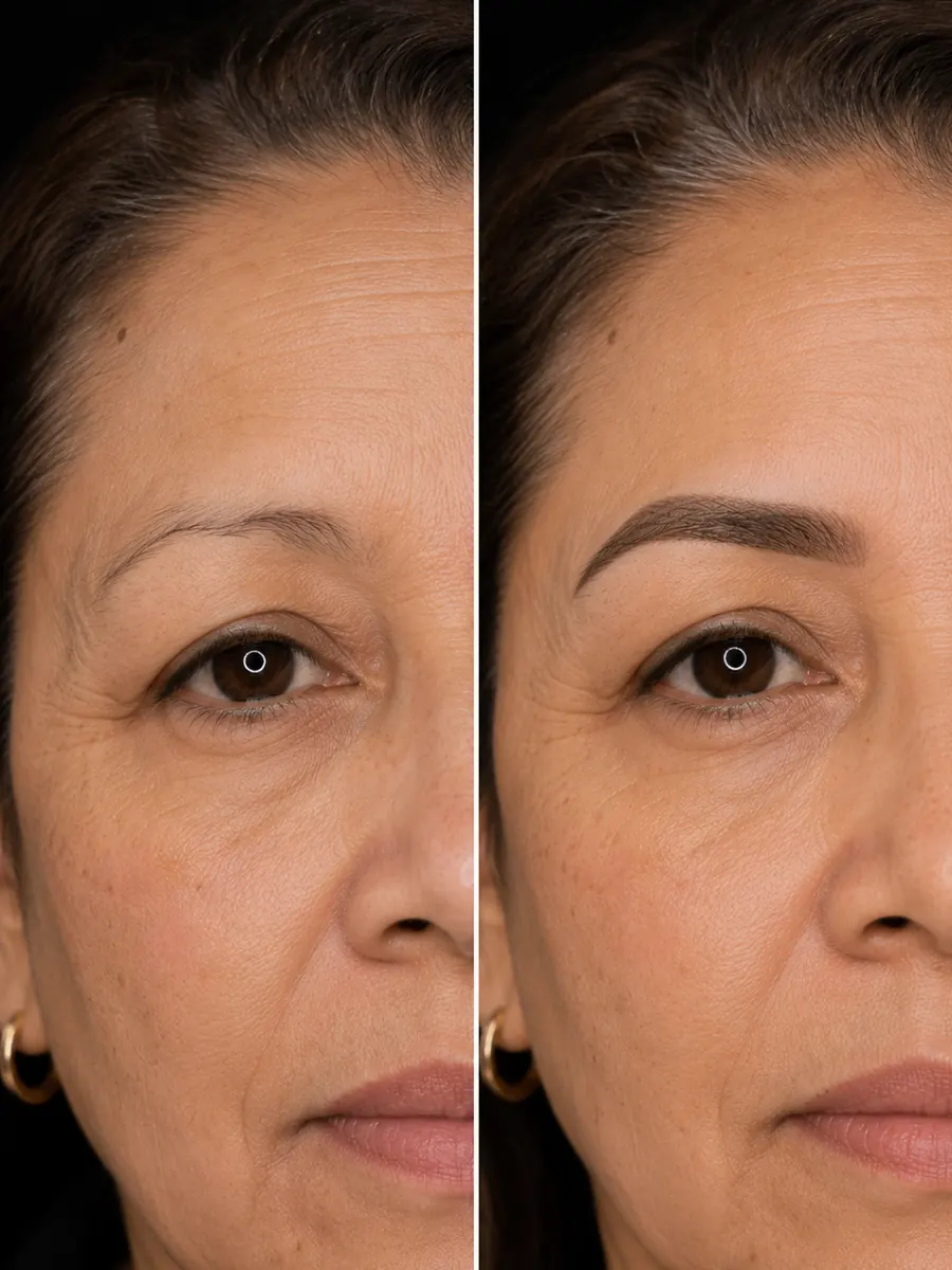 Detalle antes y después de cejas equilibradas.